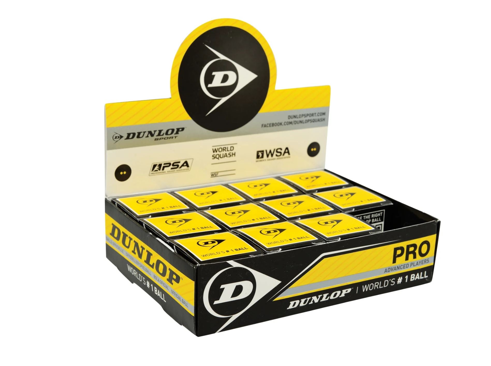 12 stk. Dunlop Pro squashbolde (2 gule prikker)