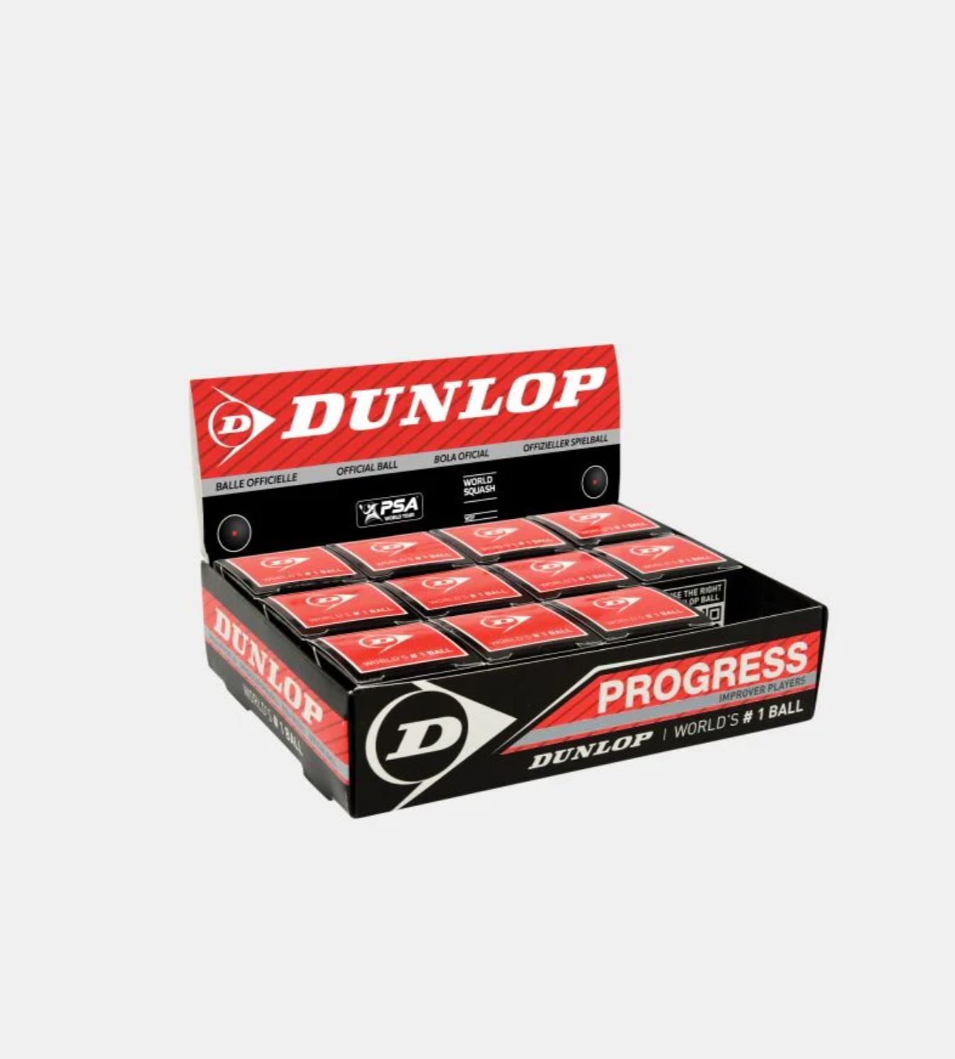 12 stk. Dunlop Progress squashbolde (1 rød prik)